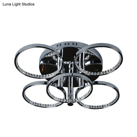 Minimalist Silver Circle Crystal Led Semi Flush Mount Light For Living Room - Warm/White Glow