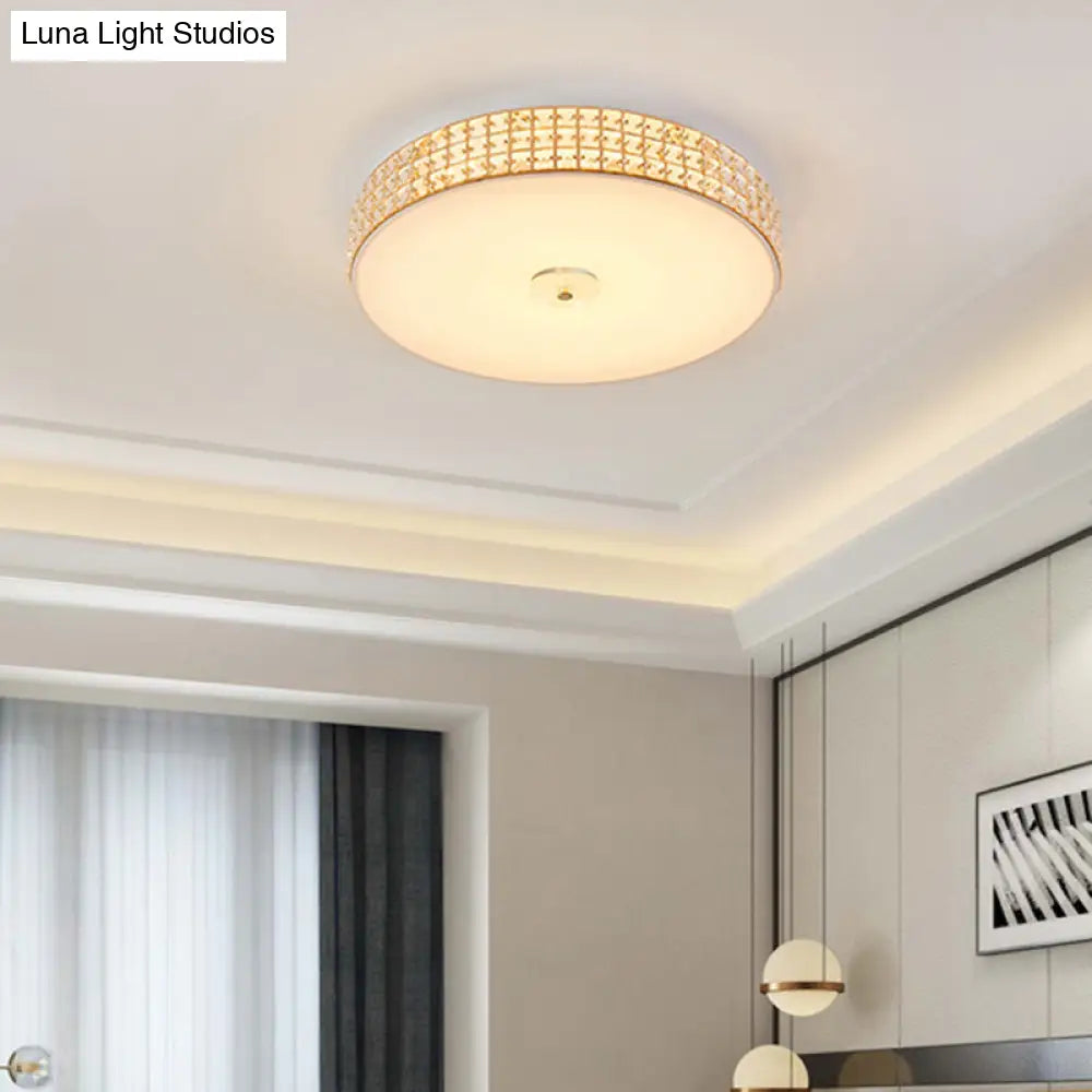 Minimalist Silver K9 Crystal Drum Flush Mount Led Ceiling Light - Perfect For Bedroom
