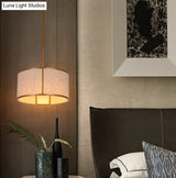 Minimalist Single-Light Fabric Drum Pendant For Living Room With 47 Carbon Steel Rod
