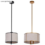 Minimalist Single-Light Fabric Drum Pendant For Living Room With 47 Carbon Steel Rod