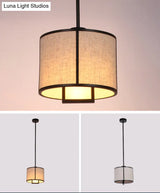 Minimalist Single-Light Fabric Drum Pendant For Living Room With 47 Carbon Steel Rod