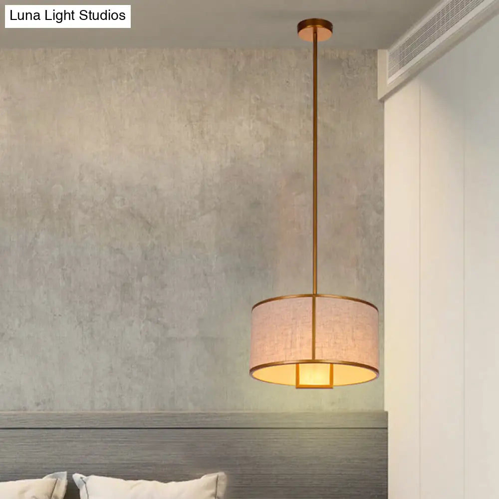 Minimalist Single-Light Fabric Drum Pendant For Living Room With 47 Carbon Steel Rod