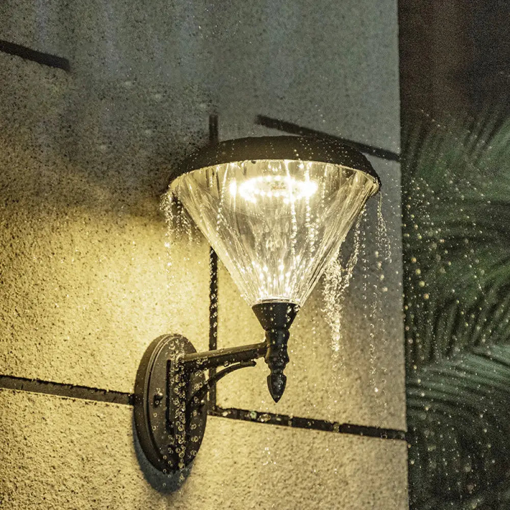 Minimalist Solar Led Wall Lamp In Black - Acrylic Conical Fixture For Porch Mount