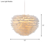 Minimalist White Dome Pendant Ceiling Light With Feather Accent For Girls Bedroom