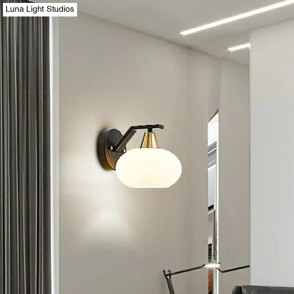 Minimalist White Glass Ellipse Wall Light Fixture - Single Black Sconce For Bedroom
