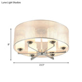 Minimalist White Glass Semi Flush Mount Drum Lighting With Chrome Finish - 6 Lights Tube Shade