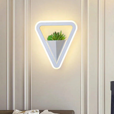 Minimalist White Sconce Light Fixture Acrylic Triangle Led Plant Wall Lamp In Warm/White