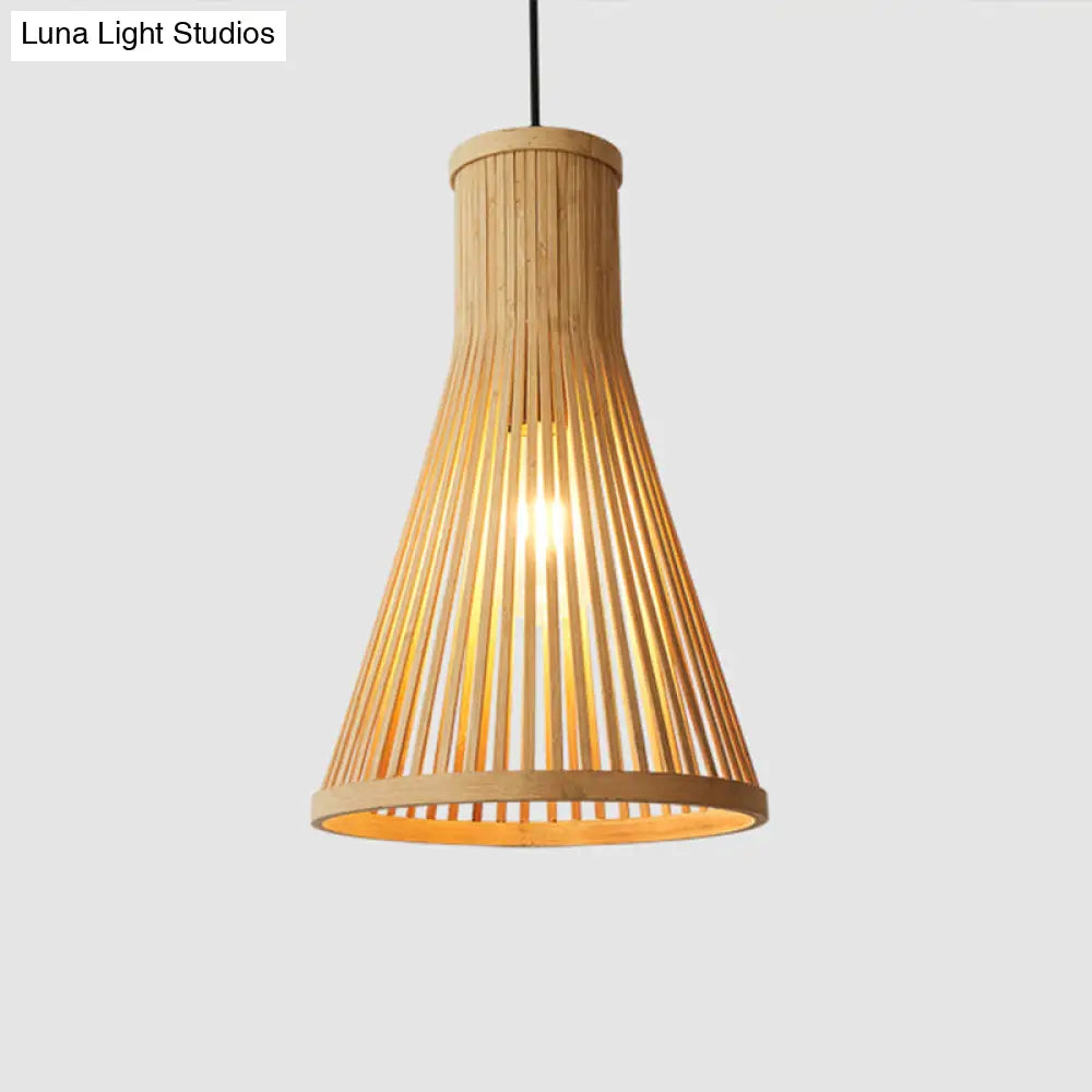 Minimalist Wood Cone Pendant Light For Tea Room Ceiling With Bamboo Shade