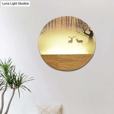 Minimalist Wood-Mounted Led Wall Mural Lamp With Acrylic Circular Shape Tree/Elk Pattern