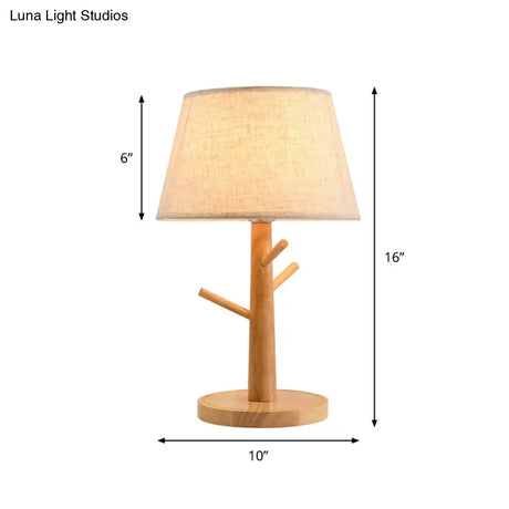 Minimalist Wood Tree Branch Nightstand Lamp With White Tapered Fabric Shade