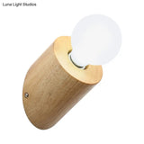 Minimalist Wood Wall Mount Sconce Light - Angled Pole Design Beige Shade Open Bulb