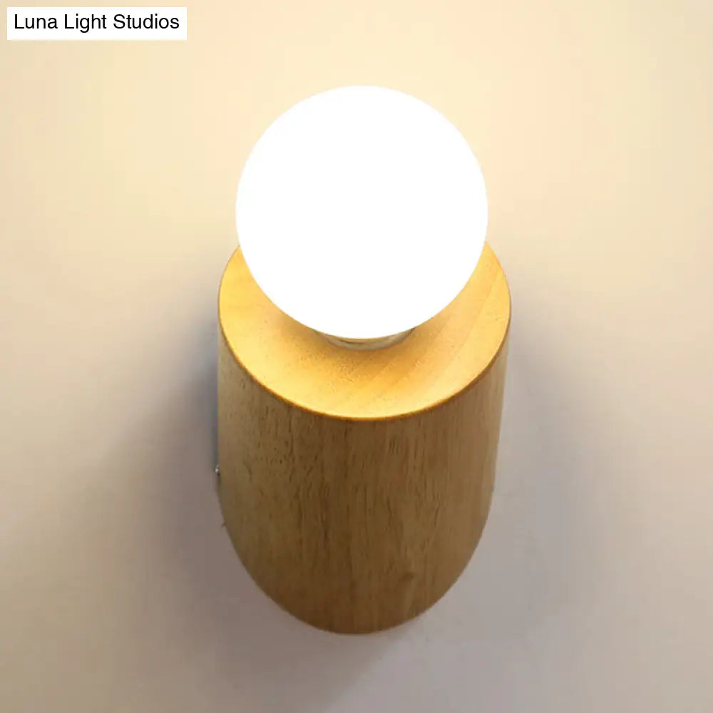 Minimalist Wood Wall Mount Sconce Light - Angled Pole Design Beige Shade Open Bulb