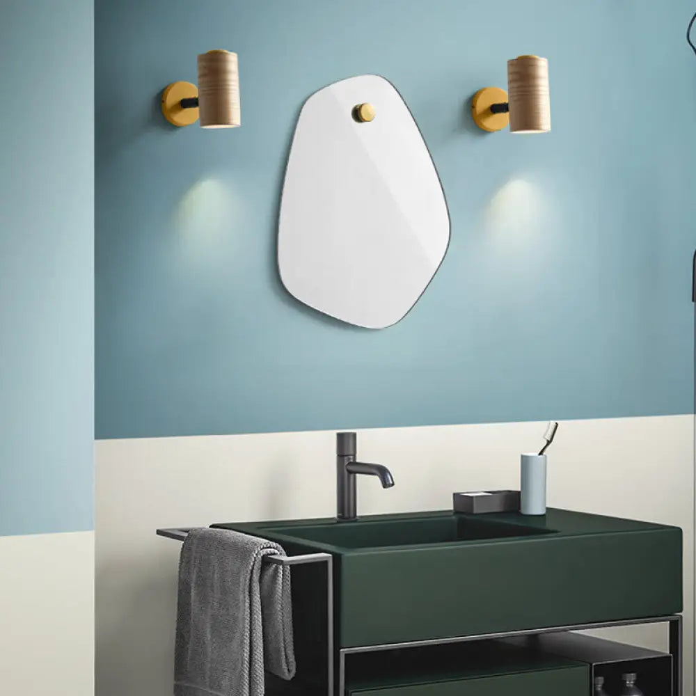 Minimalist Wood Wall Sconce Light For Bathroom - Cylindrical Design With 1 And Yellow/Blue/Green