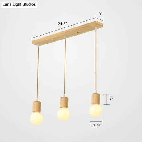 Minimalist Wooden Pendant Lamp With 3 Beige Suspension Lights - Contemporary Bare Bulb Fixture