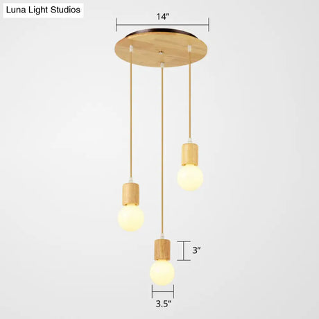 Minimalist Wooden Pendant Lamp With 3 Beige Suspension Lights - Contemporary Bare Bulb Fixture