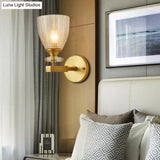 Minimalistic 1-Light Brass Flush Wall Sconce For Bedside - Crystal Tube/Cup/Flat Mounted Lamp