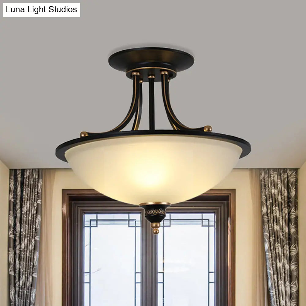 Minimalistic 3-Light Semi Flush Bowl Ceiling Mount In Black With Frosted White Glass