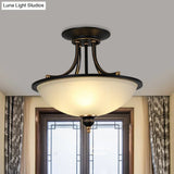 Minimalistic 3-Light Semi Flush Bowl Ceiling Mount In Black With Frosted White Glass