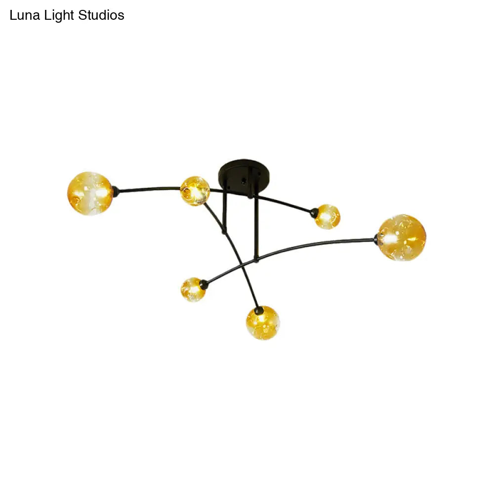 Minimalistic Amber Glass Modo Semi-Flush Ceiling Lamp With 6 Black Arced Heads