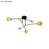 Minimalistic Amber Glass Modo Semi-Flush Ceiling Lamp With 6 Black Arced Heads