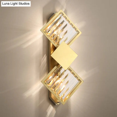 Minimalistic Brass Wall Light With Rhombus Design 2 Bulbs And K9 Crystal Sconce Lamp For Living Room