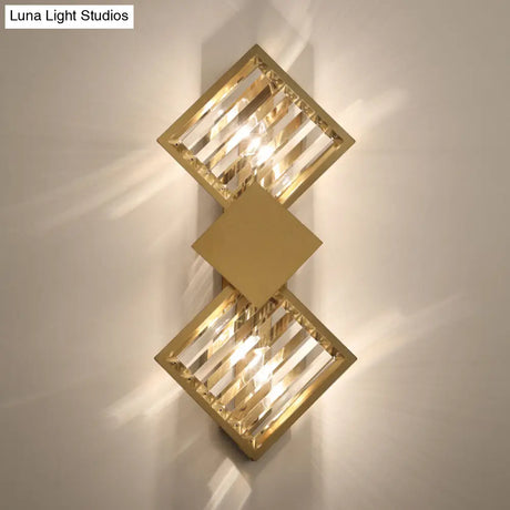 Minimalistic Brass Wall Light With Rhombus Design 2 Bulbs And K9 Crystal Sconce Lamp For Living Room