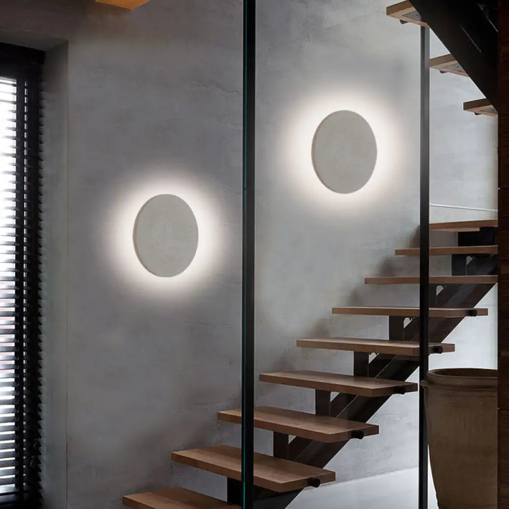 Minimalistic Cement Grey Led Wall Sconce Light For Bedside - Flat Round Mount