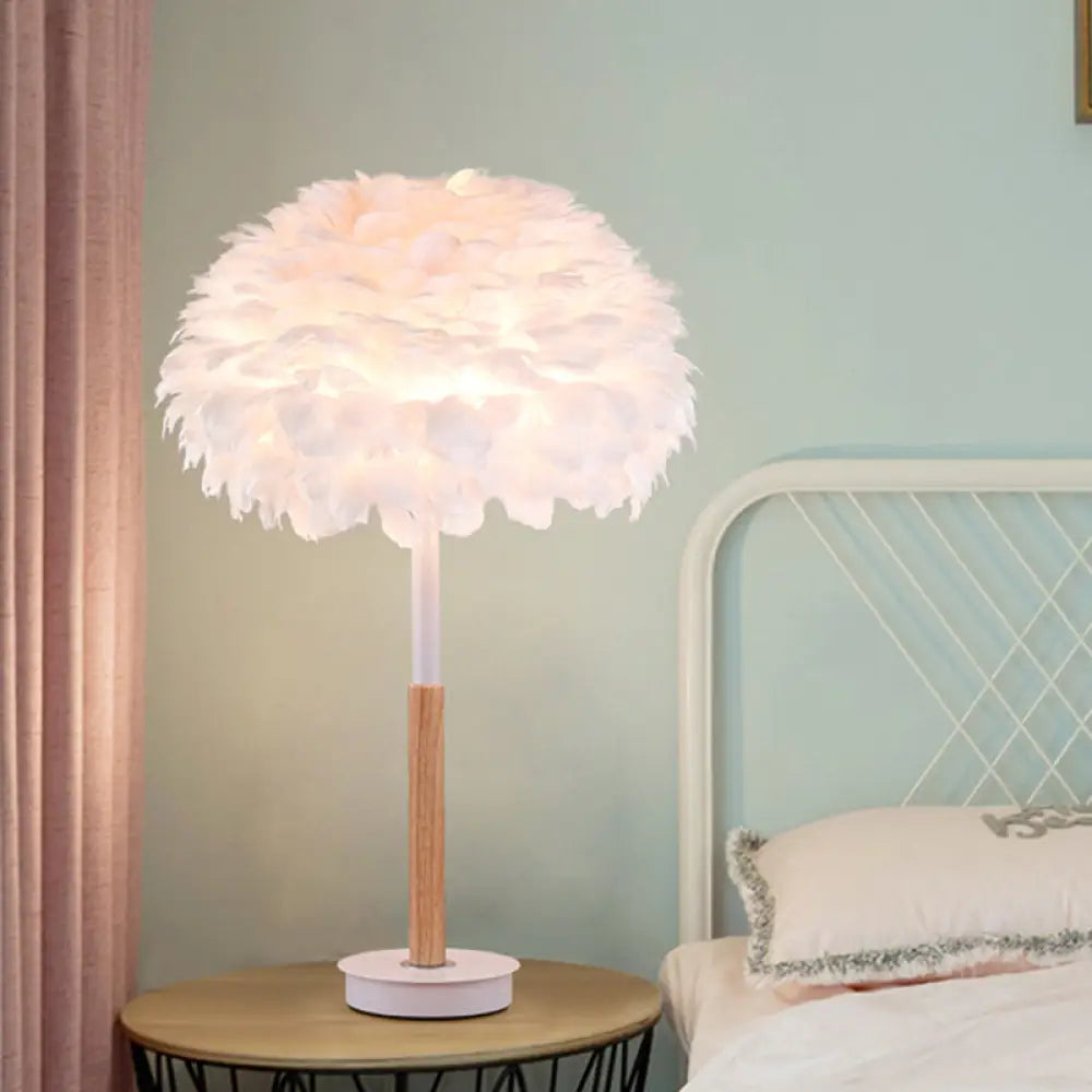 Minimalistic Dome Shaded Bedside Table Lamp - Feather 1 Head Night Stand Light Wood