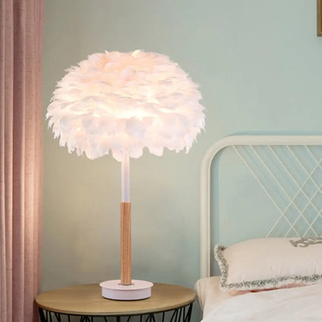 Minimalistic Dome Shaded Bedside Table Lamp - Feather 1 Head Night Stand Light Wood