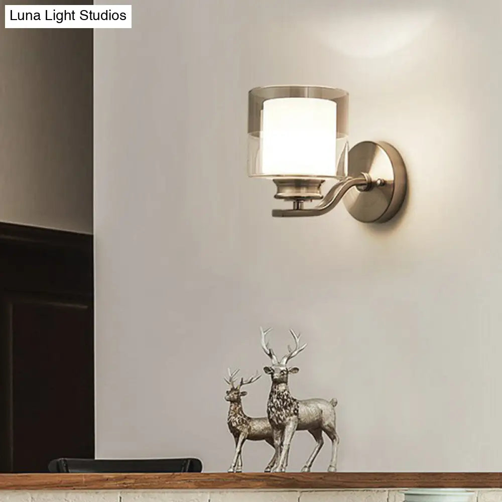 Minimalistic Dual Glass White Wall Sconce For Bedroom - Cylindrical 1 Head Mount Lamp