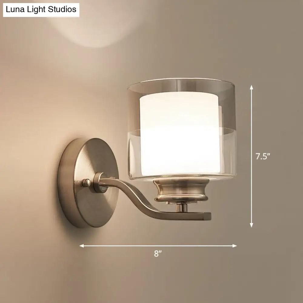 Minimalistic Dual Glass White Wall Sconce For Bedroom - Cylindrical 1 Head Mount Lamp