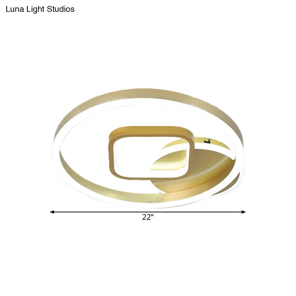 Minimalistic Metal Hoop And Square Ceiling Flush Led Gold Mount - 18’/22’ Width Warm/White Light