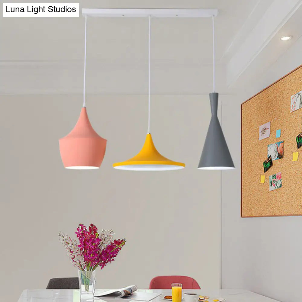 Minimalistic Shaded Hanging Lighting: Metallic 3-Head Pink-Yellow Pendant
