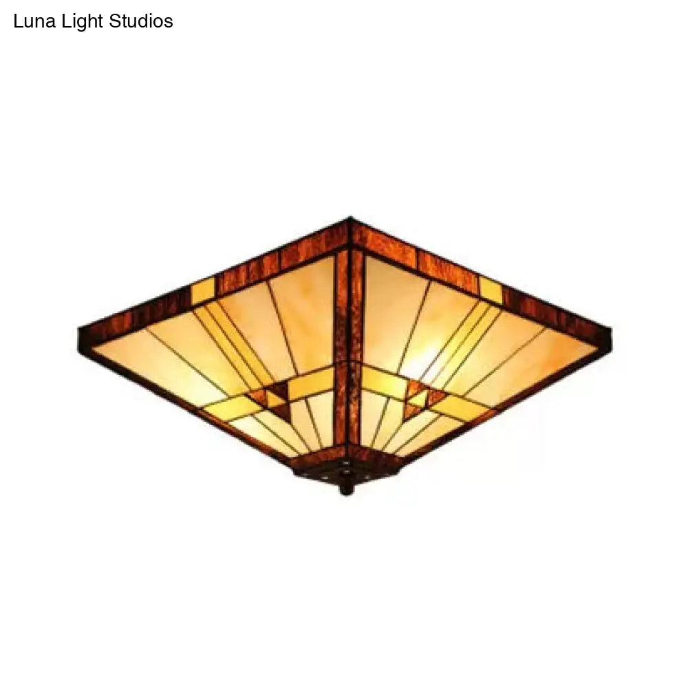 Mission Stained Glass Ceiling Light Fixture - 2 - Lights Small Flush Mount With Pyramid Shade