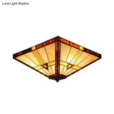 Mission Stained Glass Ceiling Light Fixture - 2 - Lights Small Flush Mount With Pyramid Shade