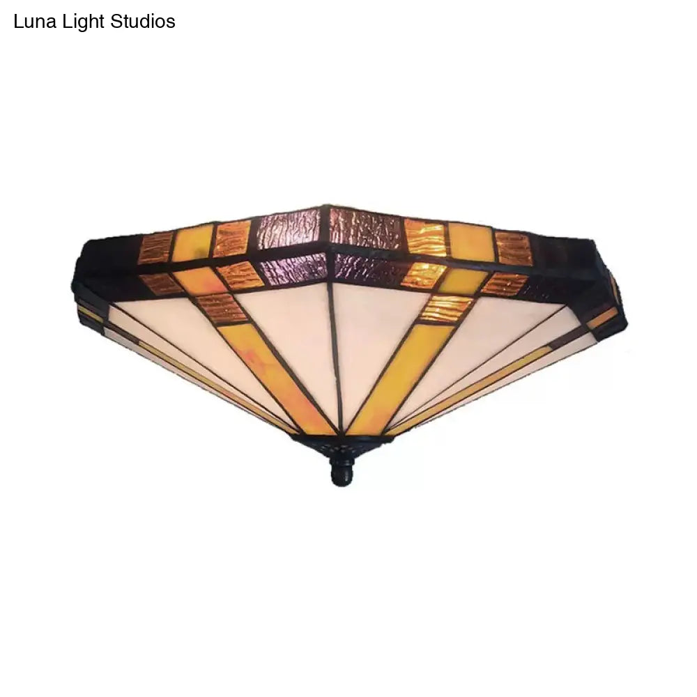 Mission Stained Glass Flush Mount Ceiling Light For Bedroom - 3-Light Fixture