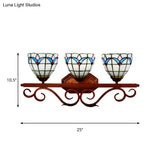 Mission Stained Glass Wall Light Fixture - Bell/Pyramid Shape 3-Head Blue/Green Vanity Lighting