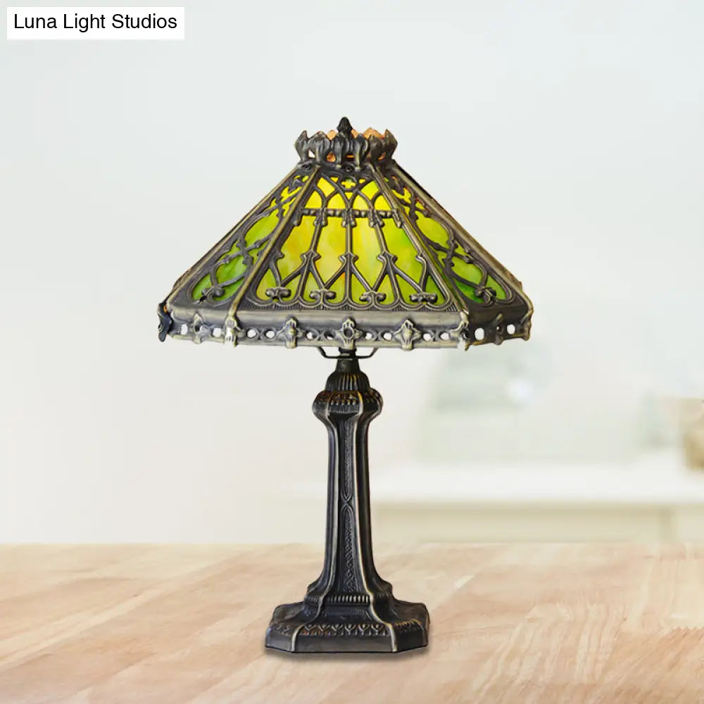 Mission Style Bronze Pyramid Nightstand Light With Green/Beige Glass - Ideal For Living Room