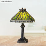 Mission Style Bronze Pyramid Nightstand Light With Green/Beige Glass - Ideal For Living Room