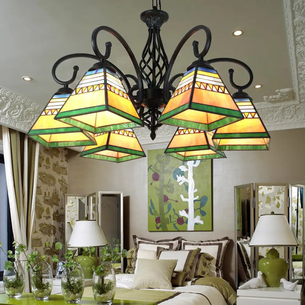 Mission Style Stained Glass Pyramid Pendant Light With 6 Lights For Living Room Black