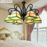 Mission Style Stained Glass Pyramid Pendant Light With 6 Lights For Living Room