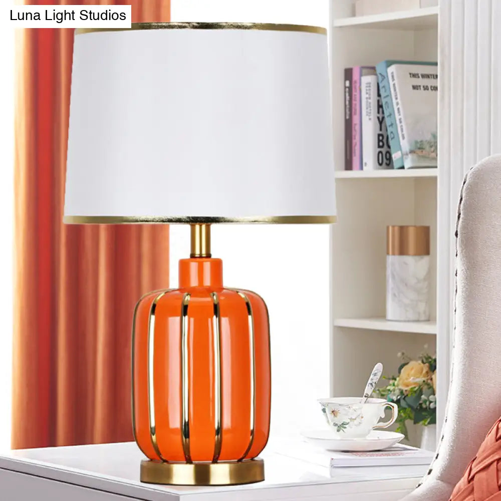 Modern 1- Bulb Nightstand Lamp: Beige/Gold Barrel Reading Light With Fabric Shade
