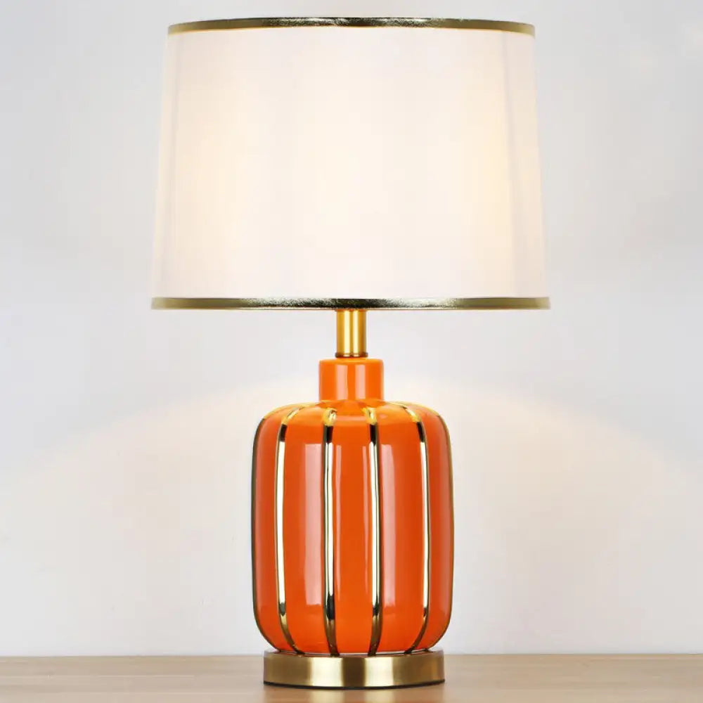 Modern 1- Bulb Nightstand Lamp: Beige/Gold Barrel Reading Light With Fabric Shade Gold