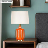 Modern 1- Bulb Nightstand Lamp: Beige/Gold Barrel Reading Light With Fabric Shade