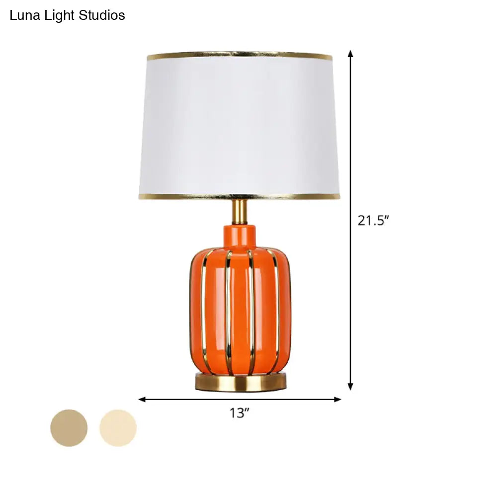 Modern 1- Bulb Nightstand Lamp: Beige/Gold Barrel Reading Light With Fabric Shade