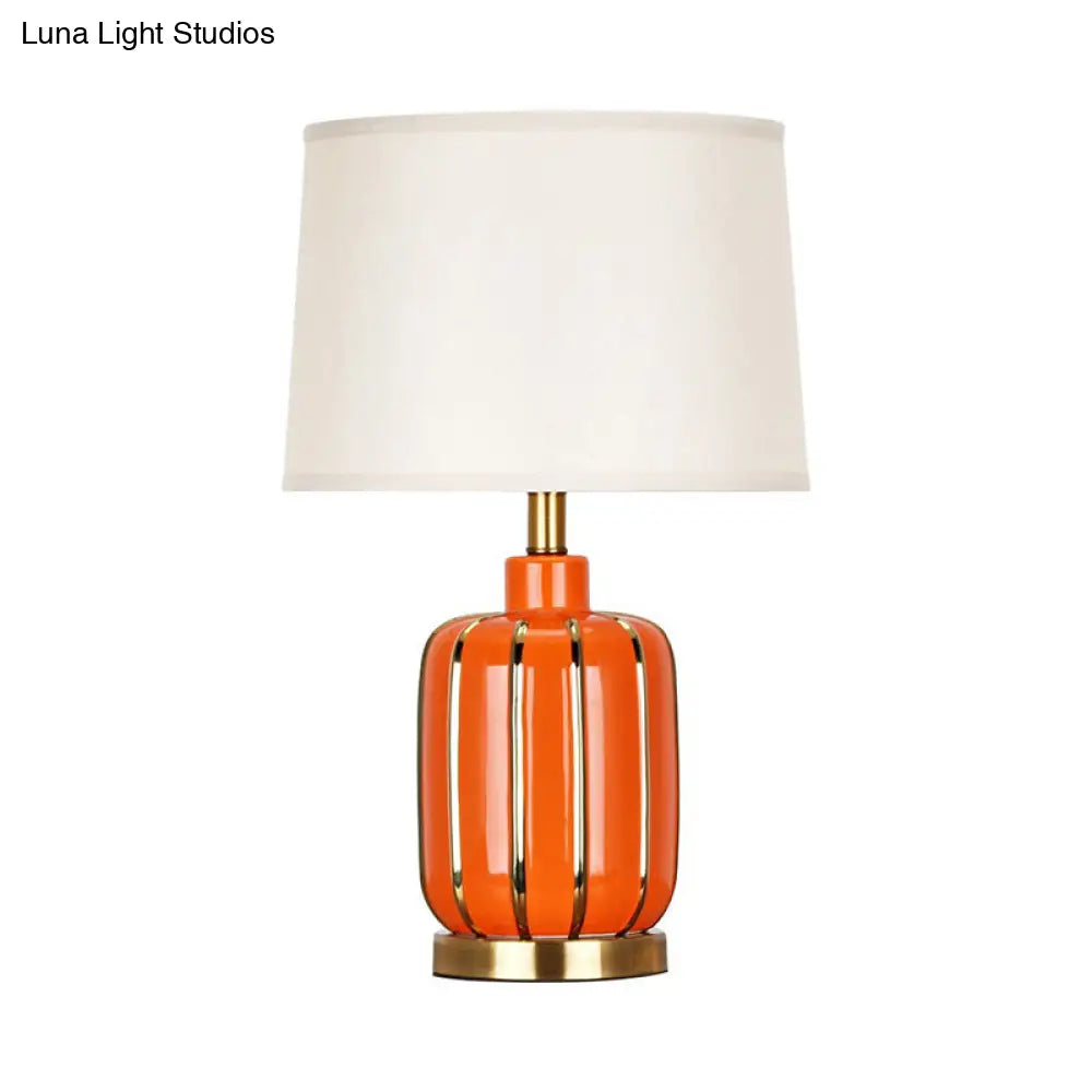 Modern 1- Bulb Nightstand Lamp: Beige/Gold Barrel Reading Light With Fabric Shade