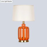 Modern 1- Bulb Nightstand Lamp: Beige/Gold Barrel Reading Light With Fabric Shade