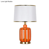 Modern 1- Bulb Nightstand Lamp: Beige/Gold Barrel Reading Light With Fabric Shade