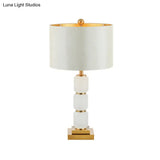 Modern 1-Head White Nightstand Lamp With Reading Light Elegant Fabric Shade