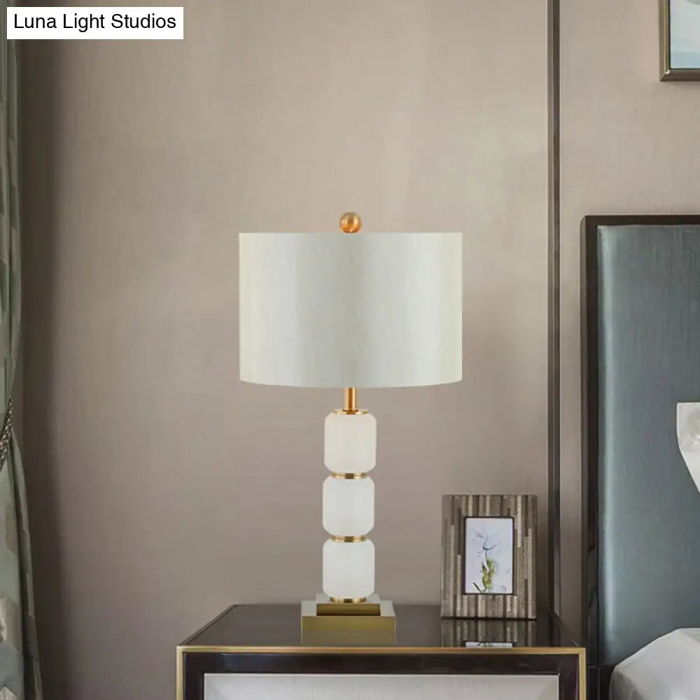 Modern 1-Head White Nightstand Lamp With Reading Light Elegant Fabric Shade